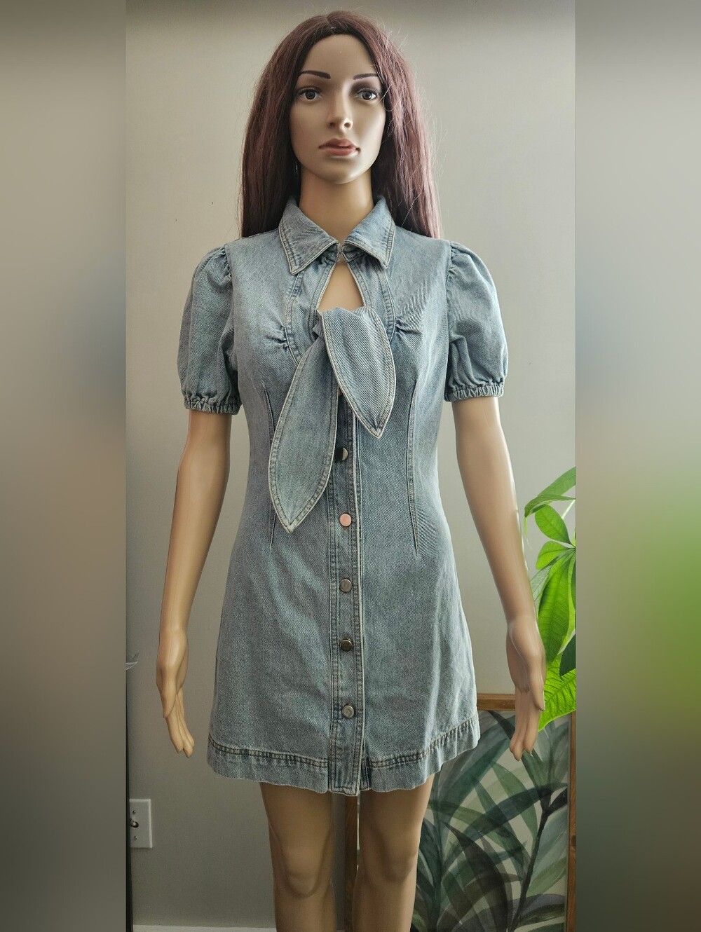 Rare Stella McCartney Denim Button Front Tie Neck Mini Dress Blue Small New